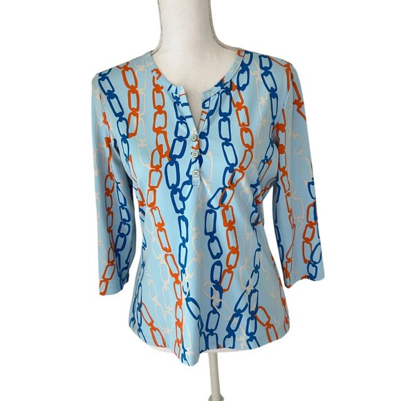J.McLaughlin Catalina Cloth Chain Print 3/4 Sleeve Henley Top Size Medium - Picture 1 of 12